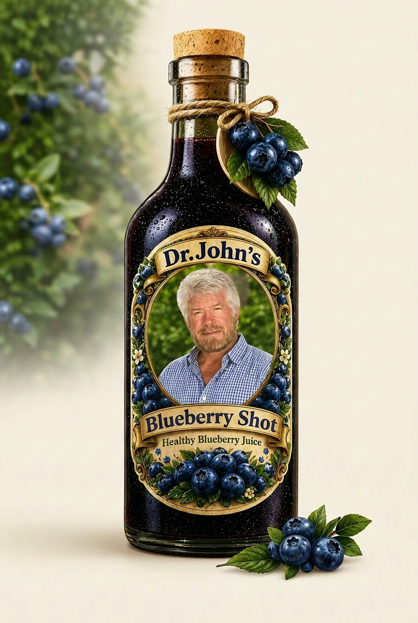 Dr. John's Blueberry Shot bottle surrounded by fresh blueberries